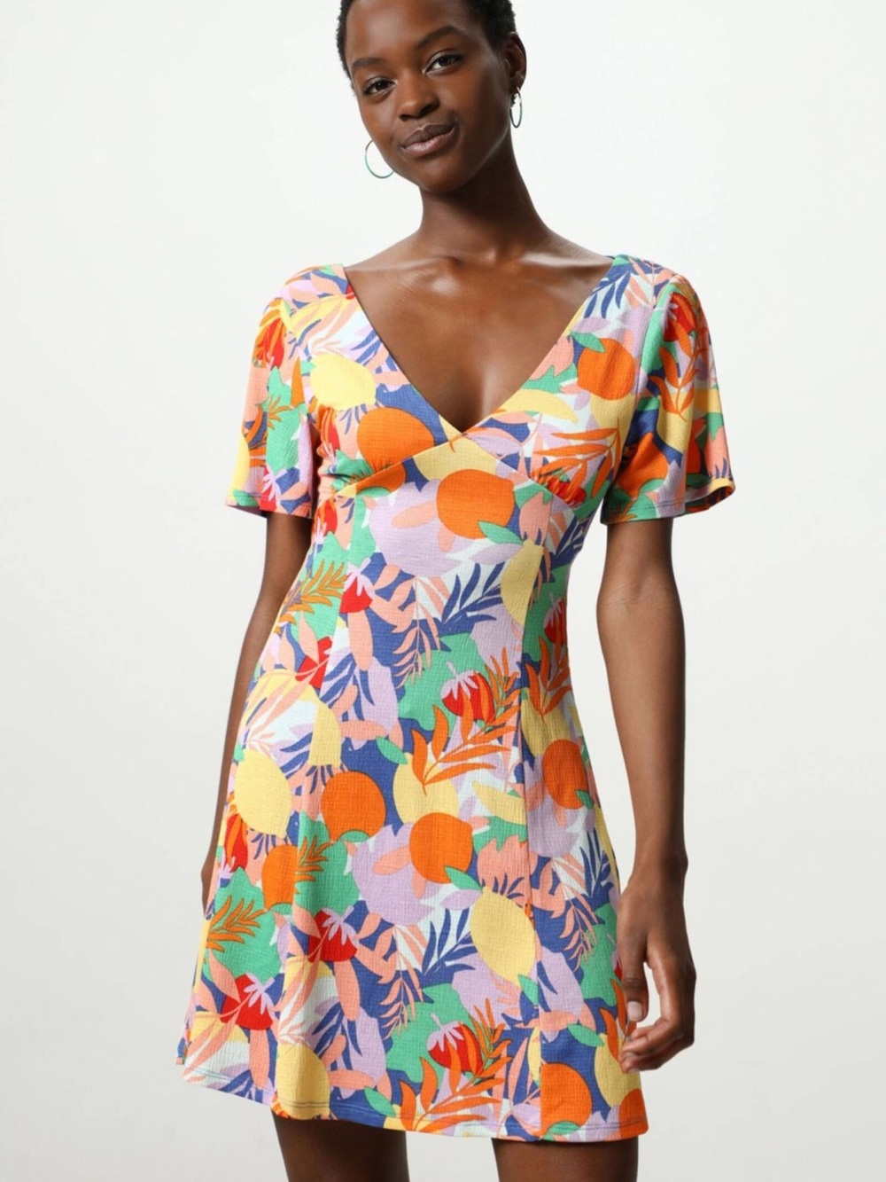 V-Neck Short Sleeve Tropical Print Mini Dress - Multi